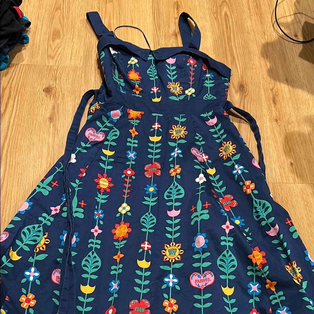 Small World Dress Shop Floral Embroidered Navy Dress